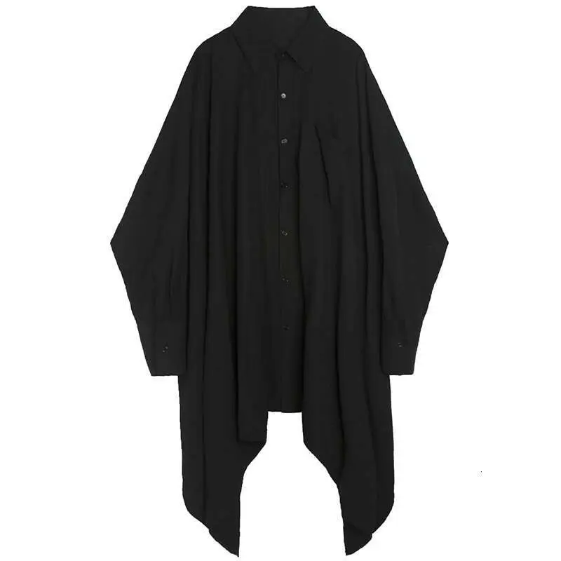 LANMREM 2025 Dark Wind Asymmetrical Loose Homemade Long Lapels Single-breasted Solid Color Long-sleeved Shirt Women 19B-a267