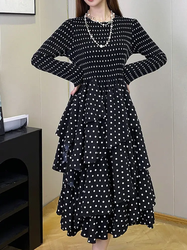 LANMREM Women's Polka Dot Cake Dress Niche Design Long Sleeves Ruffles Elegant Dresses 2025 Spring Spring New 2DB1180