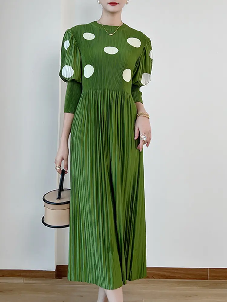 LANMREM Designer Pleated Print Women Dress Stand Collar Three Quarter Lantern Sleeve High Wasit Dresses 2025 Summer New 2YA247