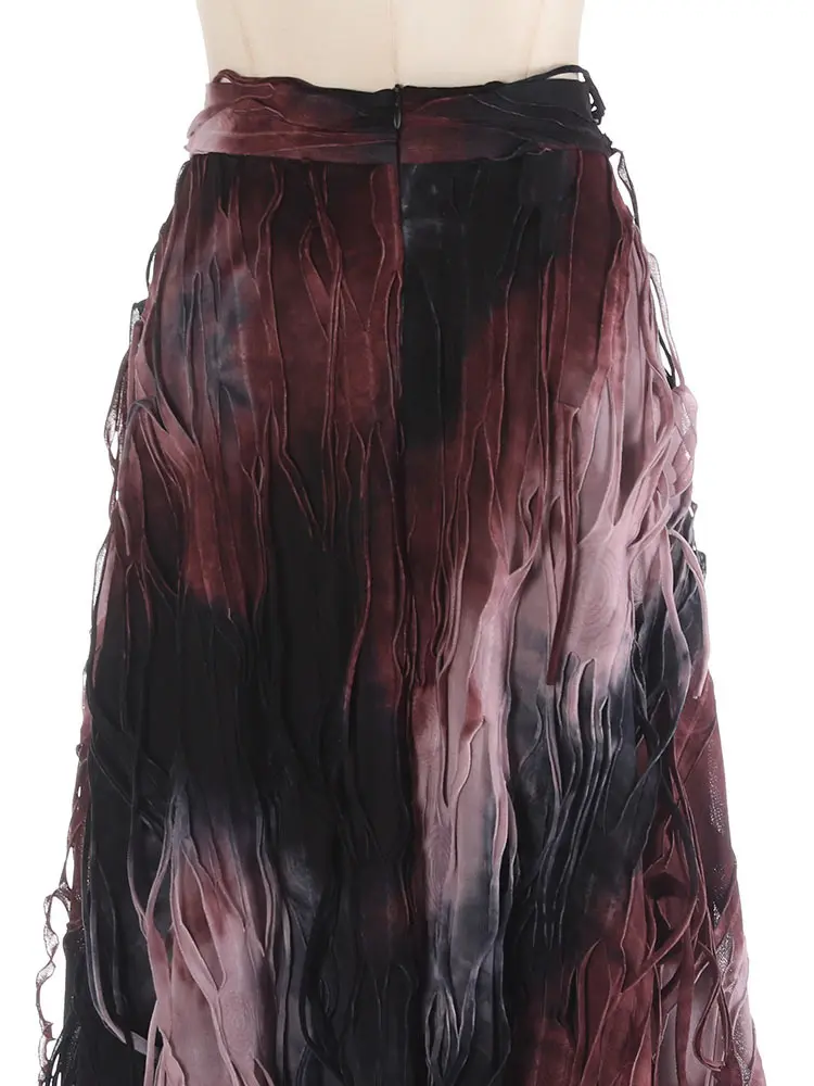 LANMREM Gradient Tie Dye Long Skirt Retro Design A-line Tassel Umbrella Skirts For Women High End Party Wedding Clothing 2DB2155