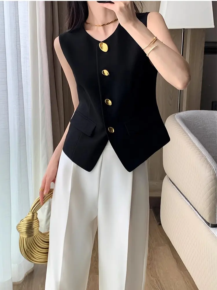 LANMREM Black Vest For Women Metal Button Slim Female All Match Fashion Coat Office Lady 2024 Summer Autumn New 2DA5810