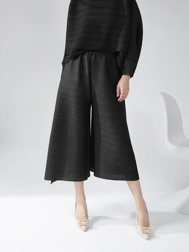 LANMREM Niche Pleated Calf Length Pants Women's 2025 New Elastic High Waist Chic Wide Leg Pants Summer High-end Bottoms 2DB3533