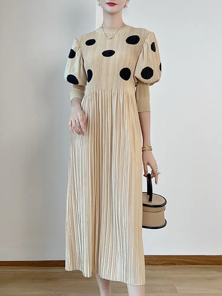 LANMREM Designer Pleated Print Women Dress Stand Collar Three Quarter Lantern Sleeve High Wasit Dresses 2025 Summer New 2YA247