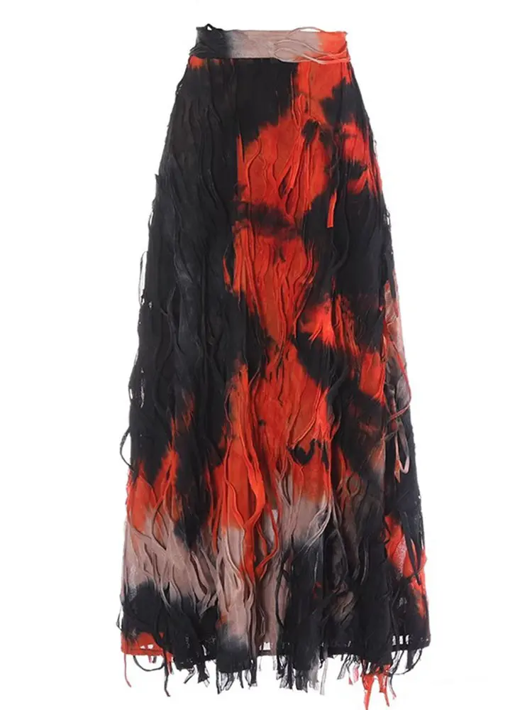 LANMREM Gradient Tie Dye Long Skirt Retro Design A-line Tassel Umbrella Skirts For Women High End Party Wedding Clothing 2DB2155