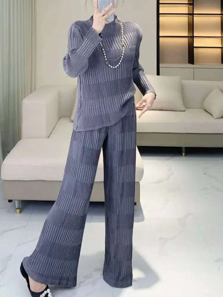 LANMREM Solid Color Pleated Sets Women 2025 New Round Neck Long Sleeve Casual Tops Elastic Waist Loose Long Two-piece Set 2DE648