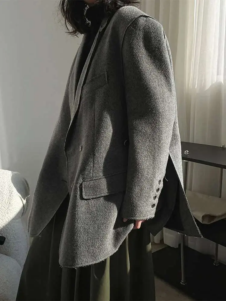 LANMREM Woolen Blazer Women Notched Single Breasted Solid Color Irregular Designer Coat 2025 Spring New Clothing 25A8452
