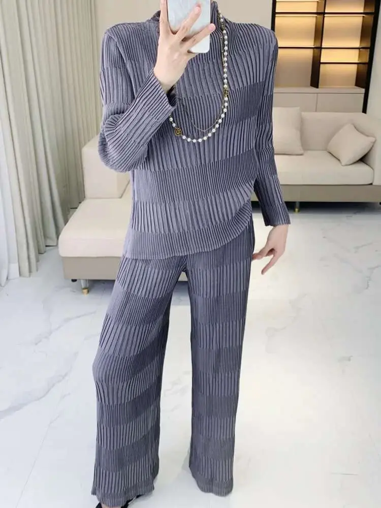 LANMREM Solid Color Pleated Sets Women 2025 New Round Neck Long Sleeve Casual Tops Elastic Waist Loose Long Two-piece Set 2DE648