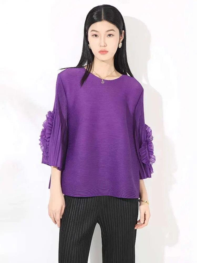 LANMREM Three-quarter Sleeve Pleated T-shirt For Women Round Neck Patchwork Flower Causal Tops Fashion Summer 2025 New 2DE258