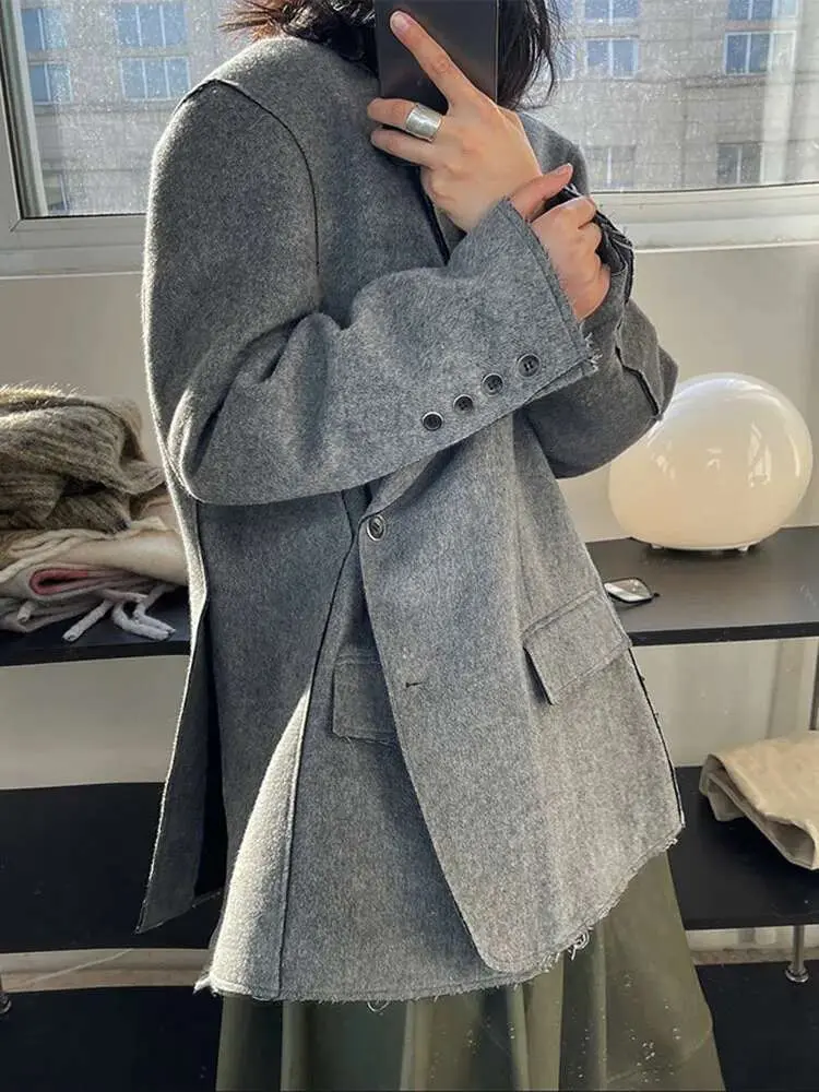 LANMREM Woolen Blazer Women Notched Single Breasted Solid Color Irregular Designer Coat 2025 Spring New Clothing 25A8452