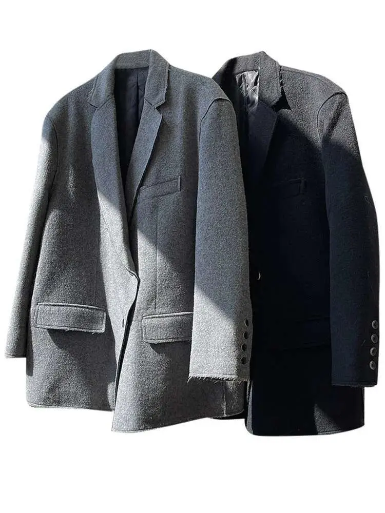 LANMREM Woolen Blazer Women Notched Single Breasted Solid Color Irregular Designer Coat 2025 Spring New Clothing 25A8452