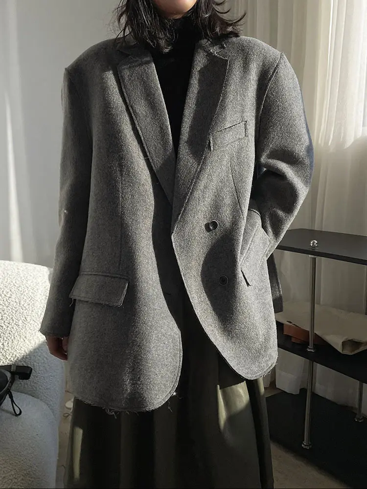 LANMREM Woolen Blazer Women Notched Single Breasted Solid Color Irregular Designer Coat 2025 Spring New Clothing 25A8452