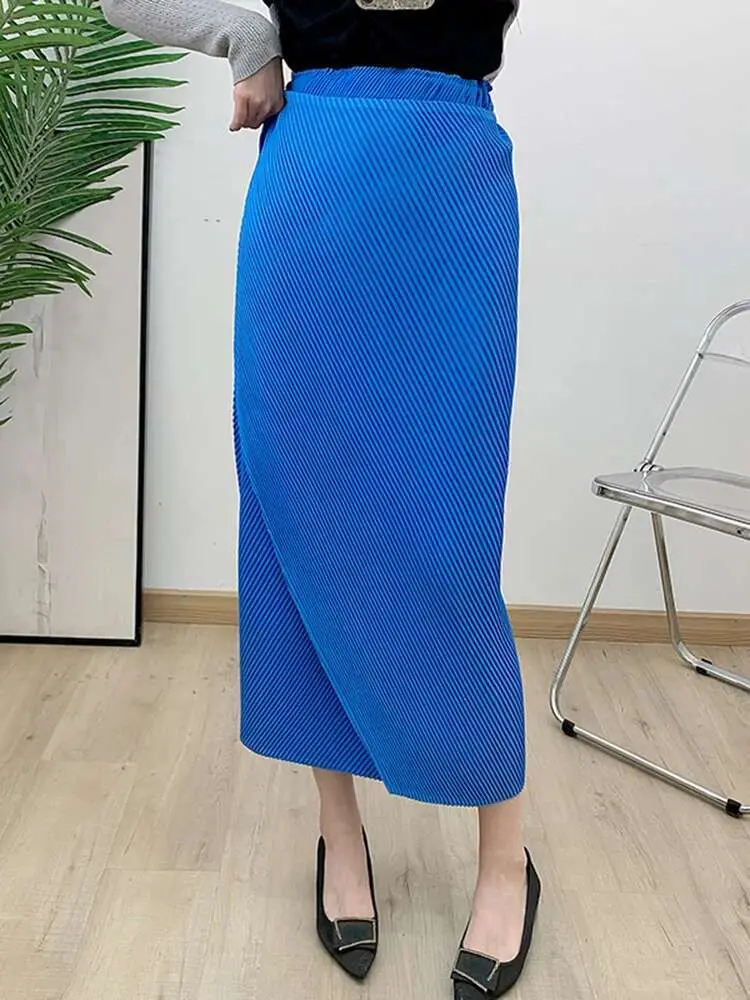 LANMREM Versatile Women Skirt Elasitc Waist Patchwork Bandage Loose Blue Pleated Skirts Female 2025 New Fashion Clothing 2DC1482