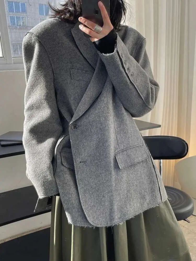 LANMREM Woolen Blazer Women Notched Single Breasted Solid Color Irregular Designer Coat 2025 Spring New Clothing 25A8452