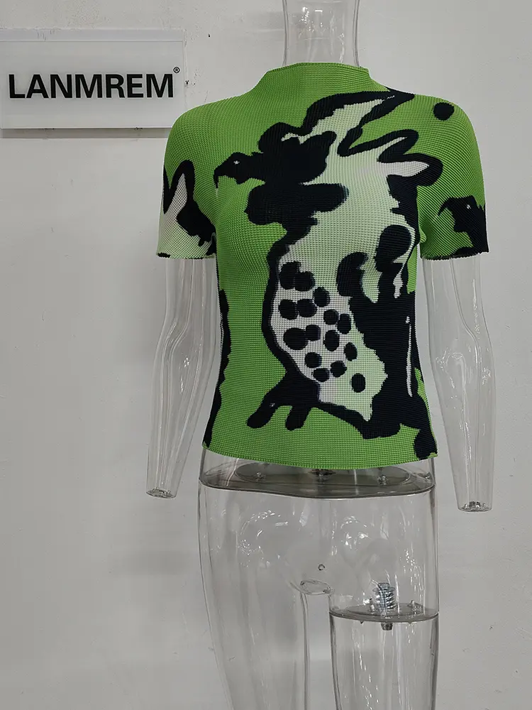LANMREM Pleated Top For Women 2025 Summer New Printed Half High Collar Elastic Fabric Short Sleeve T-shirt Famale Fashion YJ783
