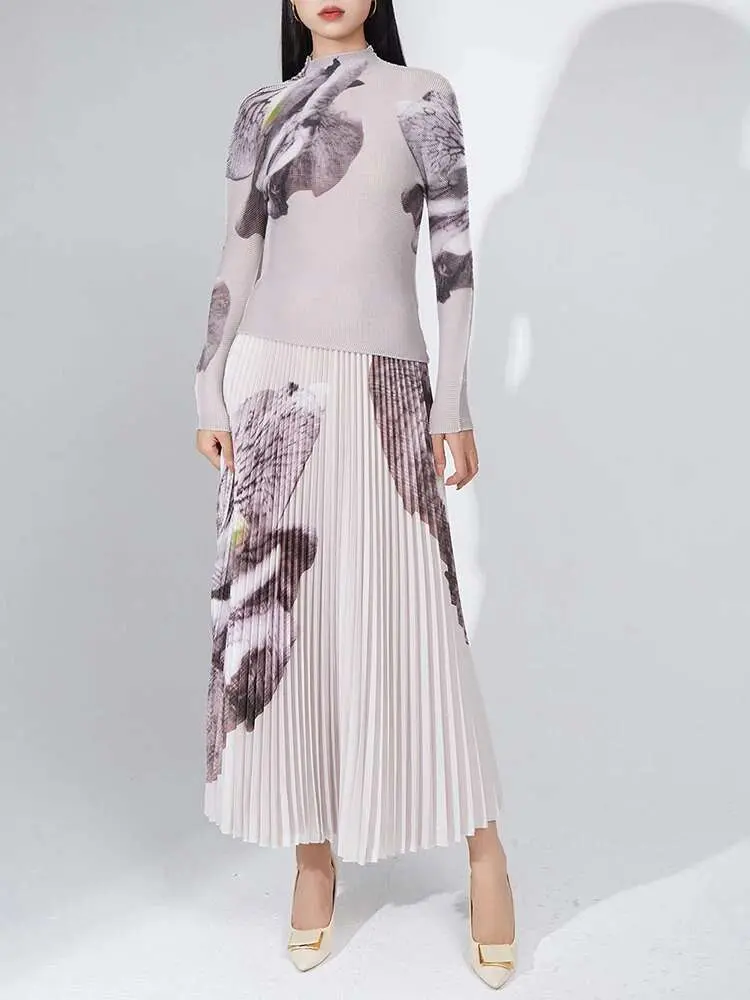 LANMREM Fashion Printed 2 Pieces Set Women Turtleneck Pleated Slim T Shirt Elastic Waist A Line Skirt Designer Clothing 2DC1341