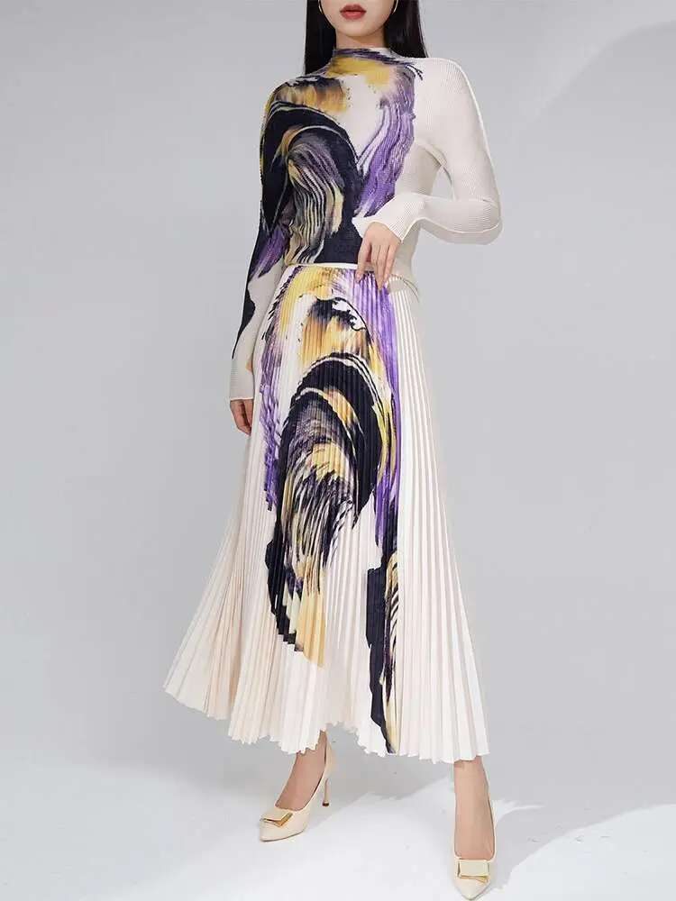 LANMREM Fashion Printed 2 Pieces Set Women Turtleneck Pleated Slim T Shirt Elastic Waist A Line Skirt Designer Clothing 2DC1341