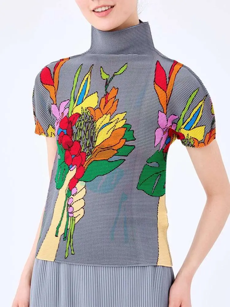 LANMREM Fashion Floral Print Pleated Women's T-shirt Turtleneck Short Sleeves Contrast Color Tops Causal 2024 New 2VV1738