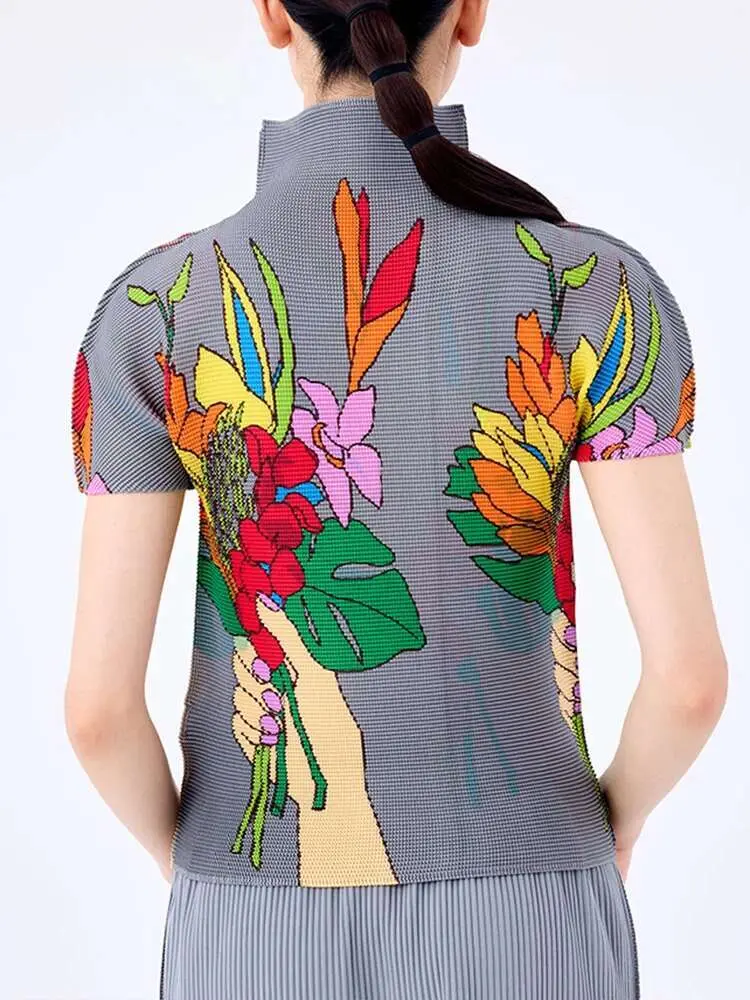 LANMREM Fashion Floral Print Pleated Women's T-shirt Turtleneck Short Sleeves Contrast Color Tops Causal 2024 New 2VV1738