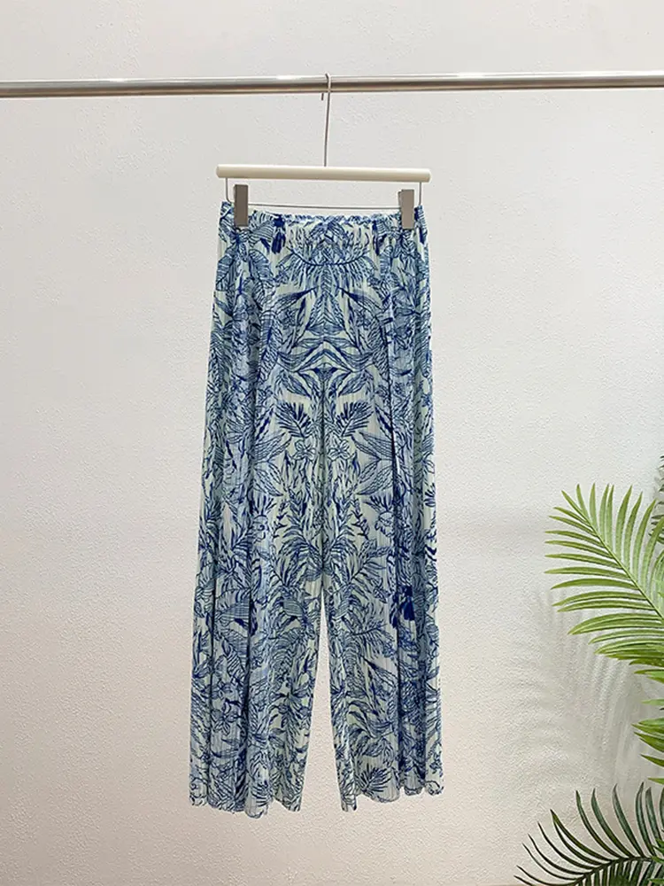 LANMREM Fold Design Elastic Waist Pleated Women's Trousers 2025 New Loose Design Blue White Printting Wide Leg Pants 2DB3440