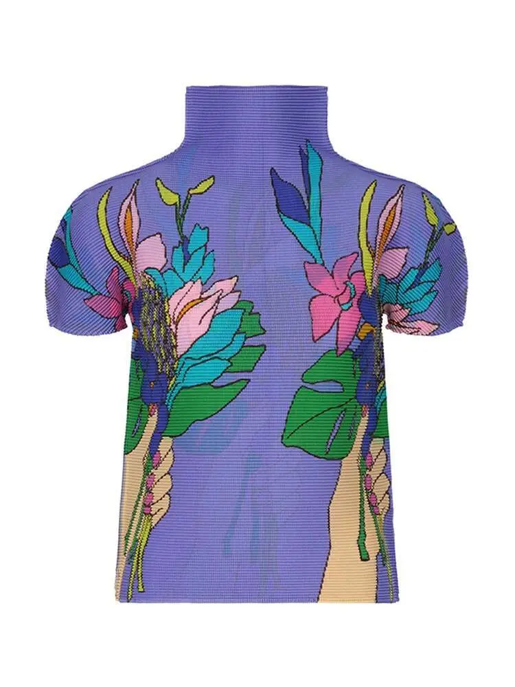 LANMREM Fashion Floral Print Pleated Women's T-shirt Turtleneck Short Sleeves Contrast Color Tops Causal 2024 New 2VV1738