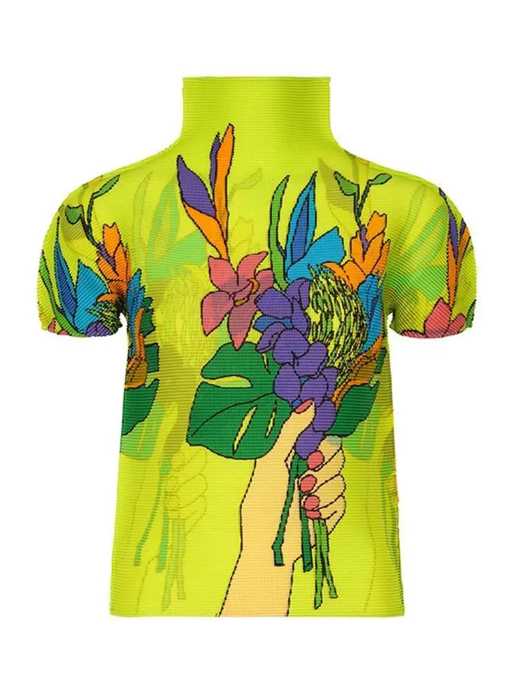 LANMREM Fashion Floral Print Pleated Women's T-shirt Turtleneck Short Sleeves Contrast Color Tops Causal 2024 New 2VV1738