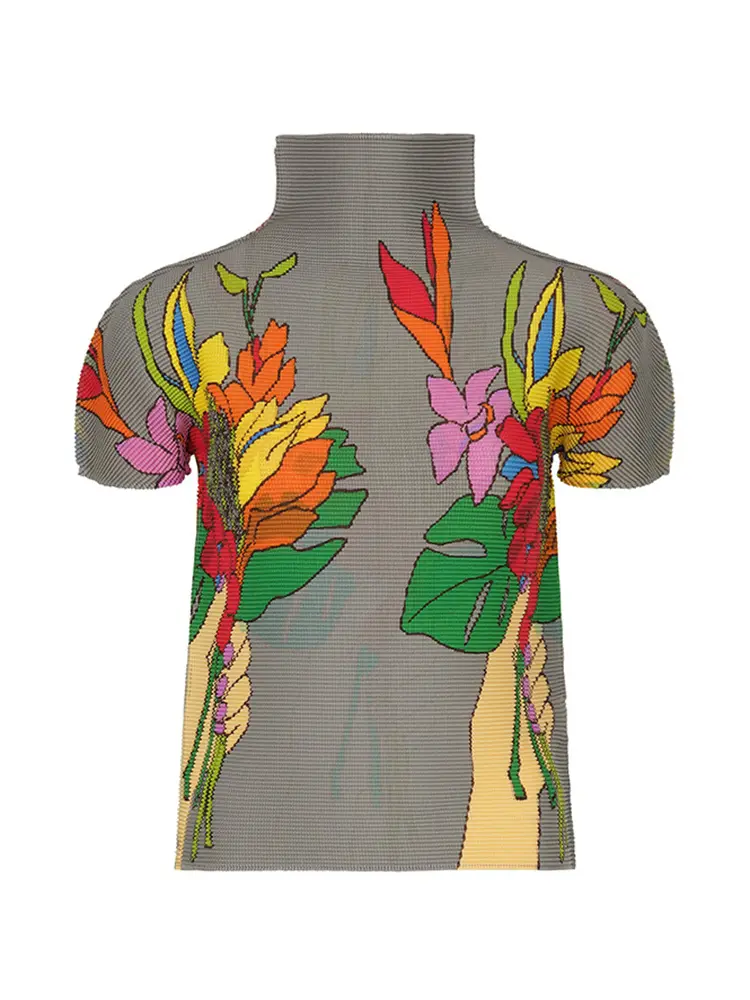 LANMREM Fashion Floral Print Pleated Women's T-shirt Turtleneck Short Sleeves Contrast Color Tops Causal 2024 New 2VV1738