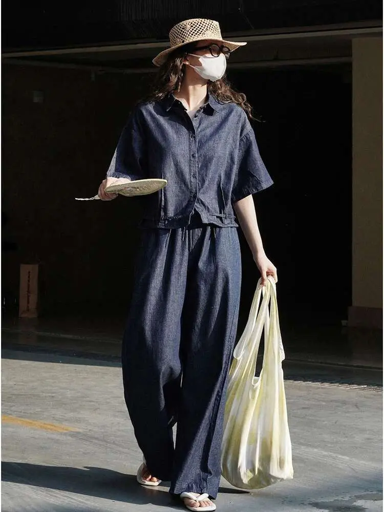 LANMREM Drawstring Denim Shirt For Women Loose Casual Lapel Short Sleeves Top Female Streetwear Clothing 2024 Summer 2DA1262
