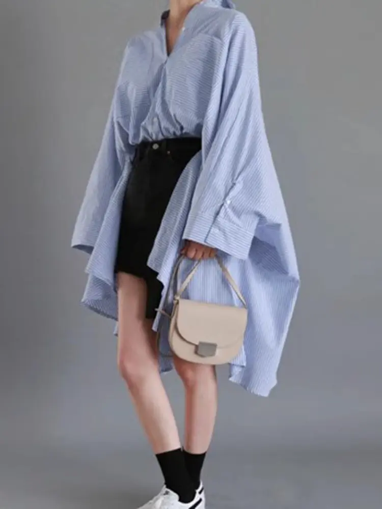 LANMREM Irregular Shirts Women Lapel Long Sleeves Loose Big Size Striped Shirt Female Casual Clothing 2025 Spring New 2DA5801