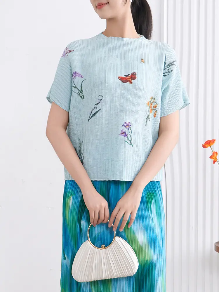 LANMREM Ligh Green Short Sleeved T-shirt Women 2025 Summer Plant Printed Pleated Top Transparent Versatile Pullover Top 2DB3230