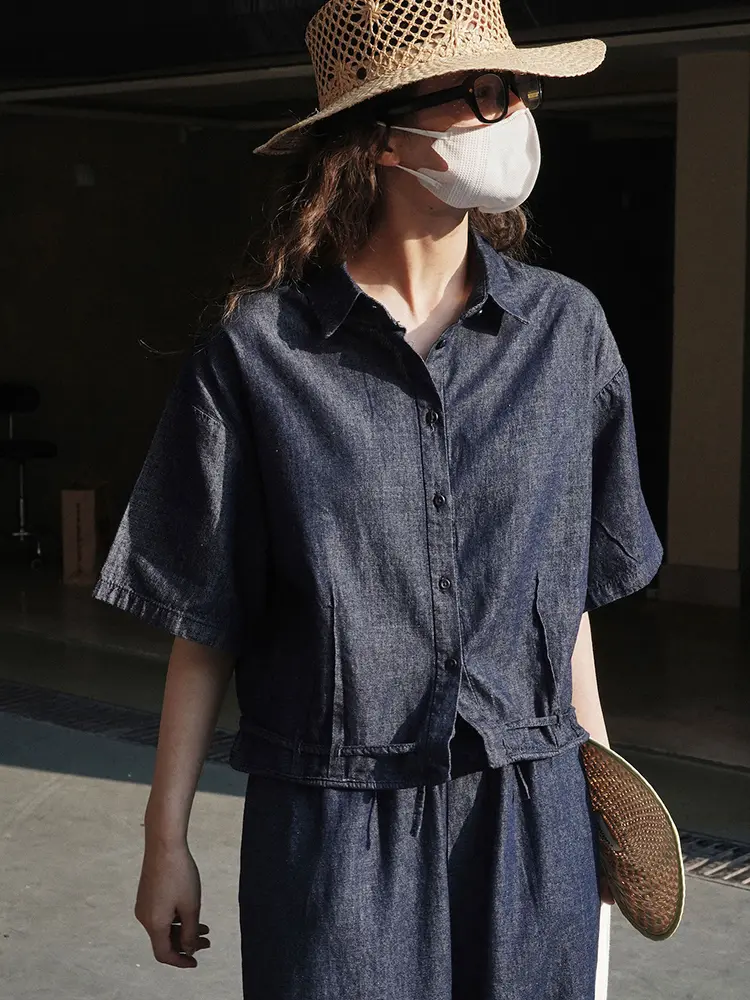 LANMREM Drawstring Denim Shirt For Women Loose Casual Lapel Short Sleeves Top Female Streetwear Clothing 2024 Summer 2DA1262