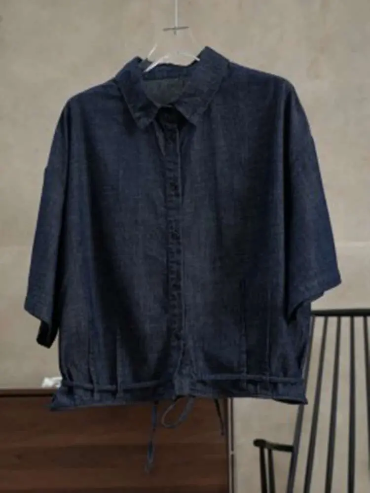 LANMREM Drawstring Denim Shirt For Women Loose Casual Lapel Short Sleeves Top Female Streetwear Clothing 2024 Summer 2DA1262