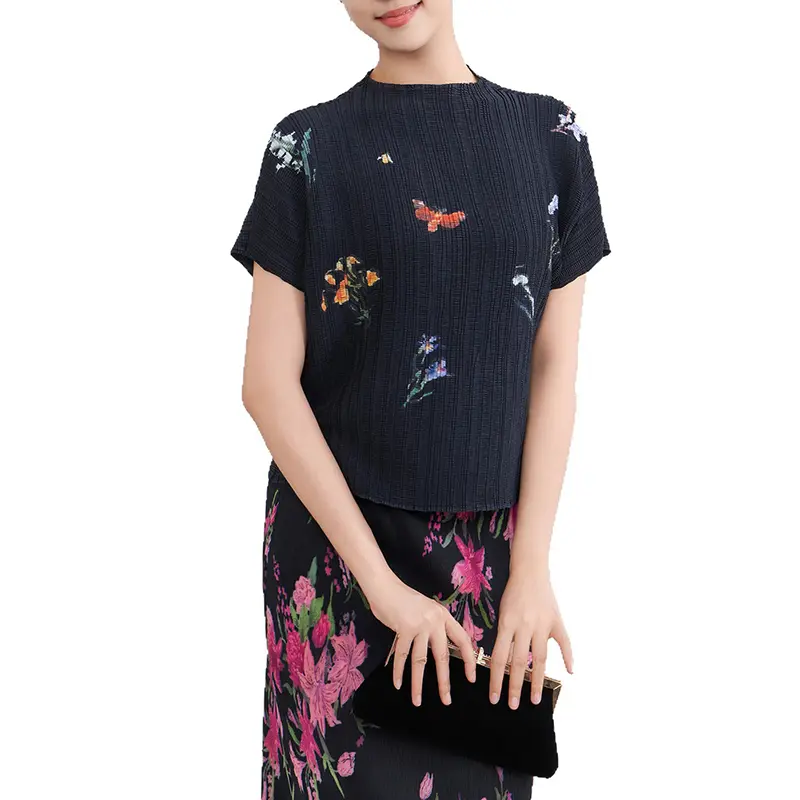 LANMREM Ligh Green Short Sleeved T-shirt Women 2025 Summer Plant Printed Pleated Top Transparent Versatile Pullover Top 2DB3230
