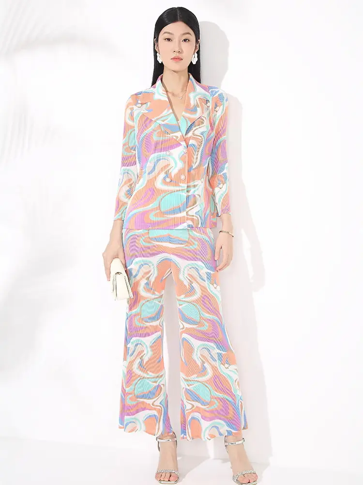 LANMREM Temperament Print Pleated Women's Two Pieecs Set Chic Suit Collar Double Breasted Jacket And High Waist Wide Leg Pants