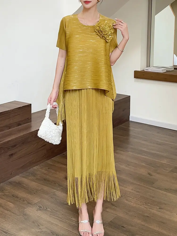 LANMREM Summer Short Sleeve O-neck Pullover T-shirt And Tassel Spliced Straight Skirt Women's Causal Two Pieces Sets 2DB3027