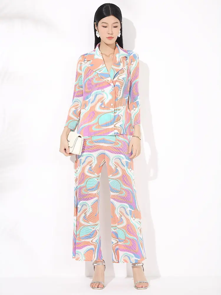 LANMREM Temperament Print Pleated Women's Two Pieecs Set Chic Suit Collar Double Breasted Jacket And High Waist Wide Leg Pants