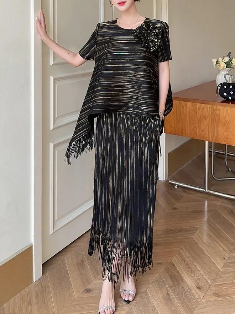 LANMREM Summer Short Sleeve O-neck Pullover T-shirt And Tassel Spliced Straight Skirt Women's Causal Two Pieces Sets 2DB3027