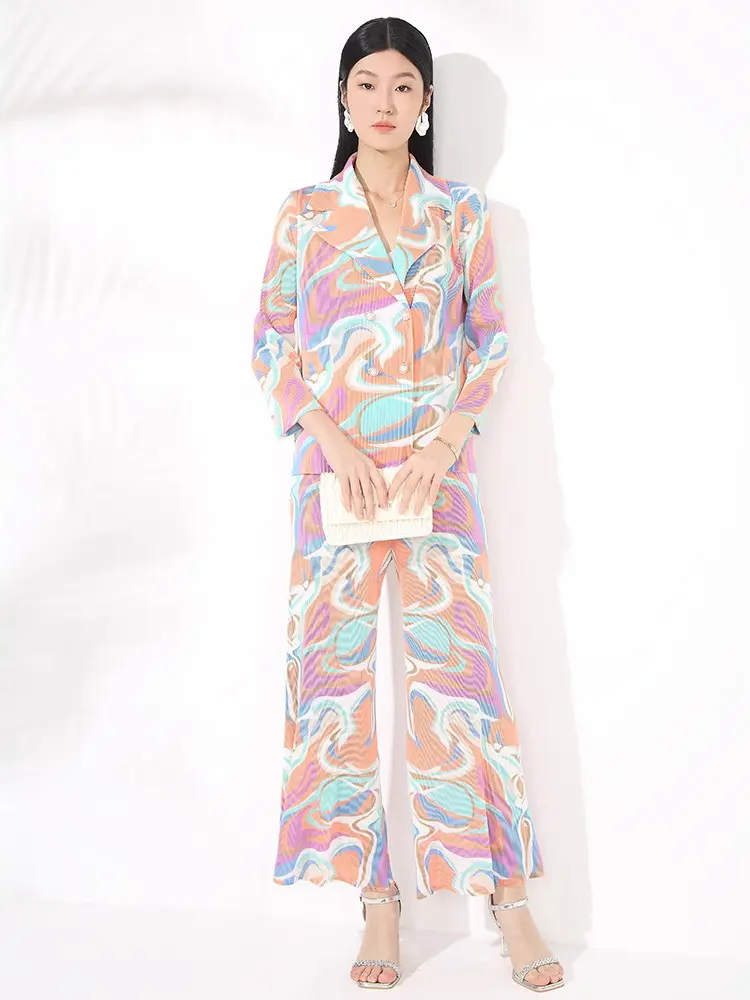 LANMREM Temperament Print Pleated Women's Two Pieecs Set Chic Suit Collar Double Breasted Jacket And High Waist Wide Leg Pants