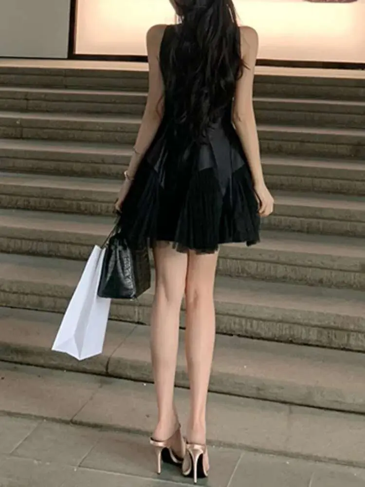 LANMREM Elegant Evening Party Women's Dress Gathered Waist Spliced Mesh Dresses New Fashion Ladies Clothing 2025 New 2DC1365