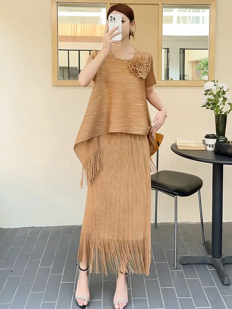 LANMREM Summer Short Sleeve O-neck Pullover T-shirt And Tassel Spliced Straight Skirt Women's Causal Two Pieces Sets 2DB3027