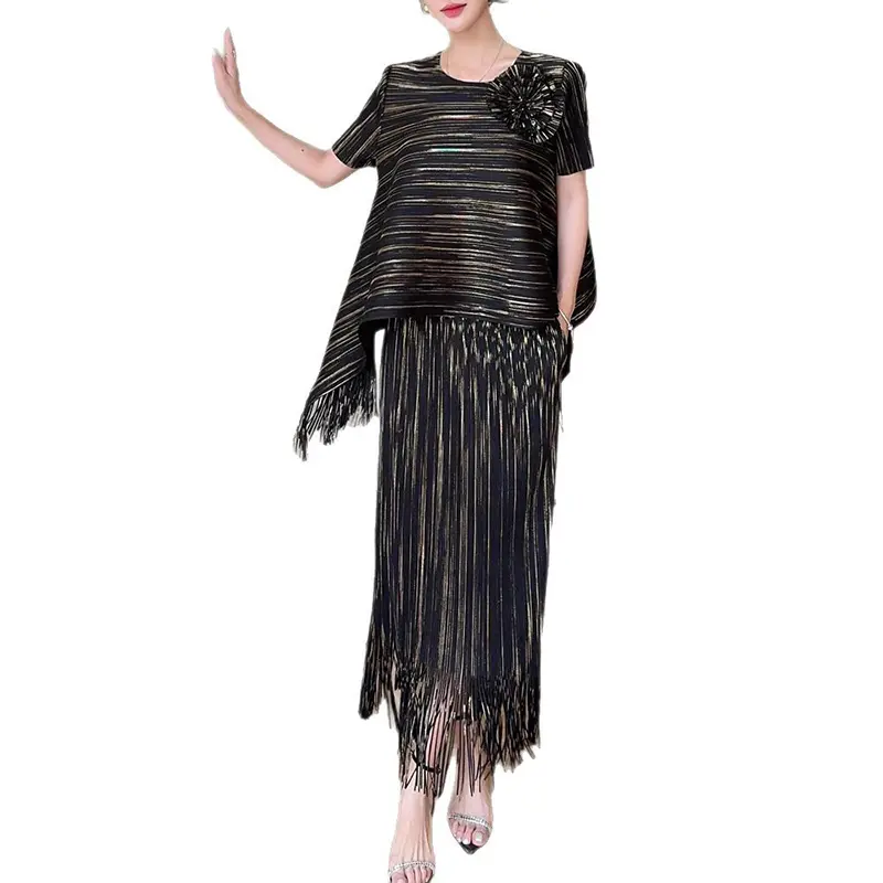 LANMREM Summer Short Sleeve O-neck Pullover T-shirt And Tassel Spliced Straight Skirt Women's Causal Two Pieces Sets 2DB3027