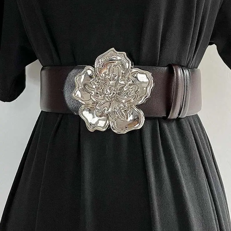 LANMREM Large Flower Double-sided Cowhide Casual Wide Belt Women's Temperament Versatile Fashion New Leather Belts 2DB1860