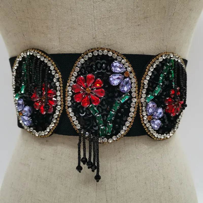 LANMREM New Flower Rhinestone Black Waistband Fashion Personalized Belt Trend Dress Skirt Coat Decorative Bandage 2DB1922