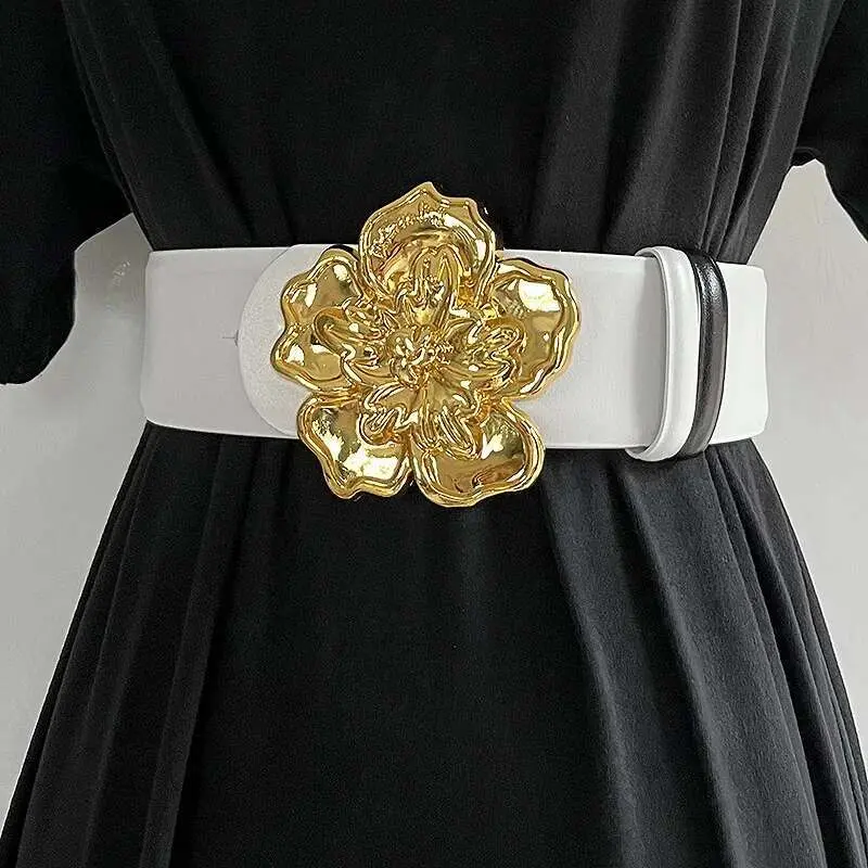 LANMREM Large Flower Double-sided Cowhide Casual Wide Belt Women's Temperament Versatile Fashion New Leather Belts 2DB1860