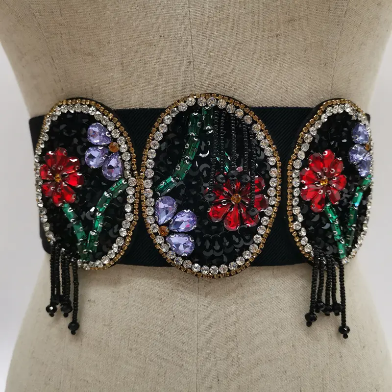 LANMREM New Flower Rhinestone Black Waistband Fashion Personalized Belt Trend Dress Skirt Coat Decorative Bandage 2DB1922