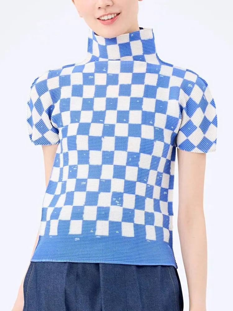LANMREM Pleated Short Sleeved Women's T-shirt 2025 New High Quality Plaid Printed Pullover Stand Collar Blue Tee Top 2DB3000