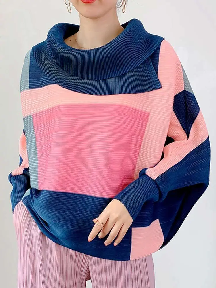 LANMREM 2025 Fashion New Pleated T-shirt For Women Laple Long Sleeves Loose Tops Color Block Female Clothing Spring 2YA771