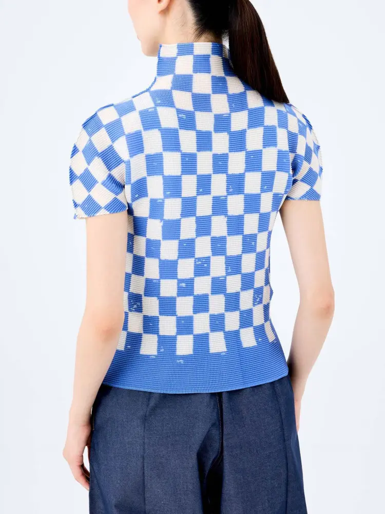 LANMREM Pleated Short Sleeved Women's T-shirt 2025 New High Quality Plaid Printed Pullover Stand Collar Blue Tee Top 2DB3000