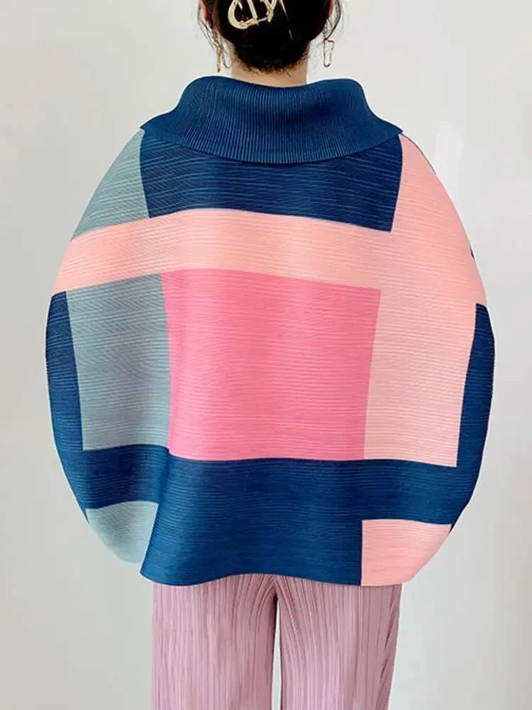 LANMREM 2025 Fashion New Pleated T-shirt For Women Laple Long Sleeves Loose Tops Color Block Female Clothing Spring 2YA771