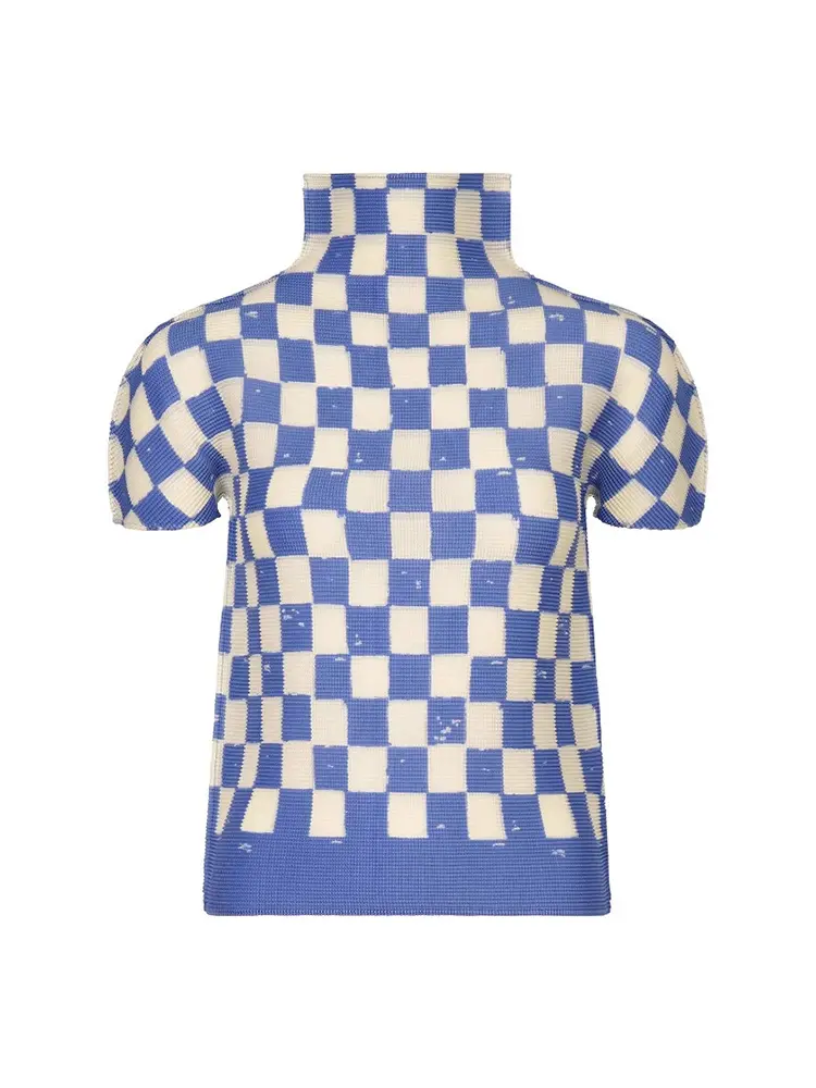 LANMREM Pleated Short Sleeved Women's T-shirt 2025 New High Quality Plaid Printed Pullover Stand Collar Blue Tee Top 2DB3000