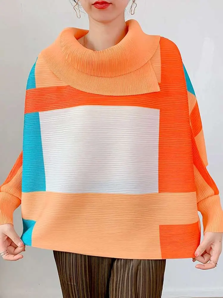 LANMREM 2025 Fashion New Pleated T-shirt For Women Laple Long Sleeves Loose Tops Color Block Female Clothing Spring 2YA771